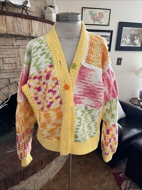 Handcrafted Spring Summer Crochet Cardigan Sweater Cotton Yarn Size L